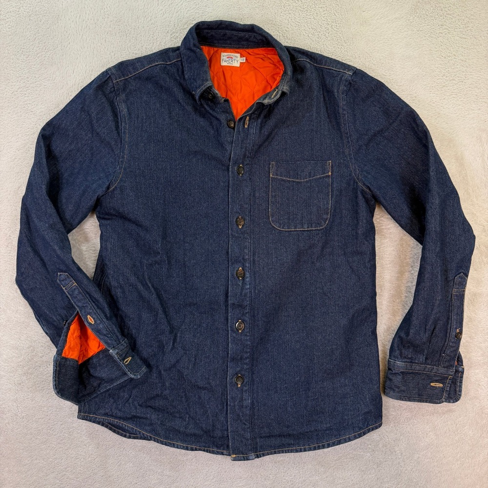 Faherty Mens Small Indigo Denim Quilted Lined Shirt Jacket Blue Shacket Heavy